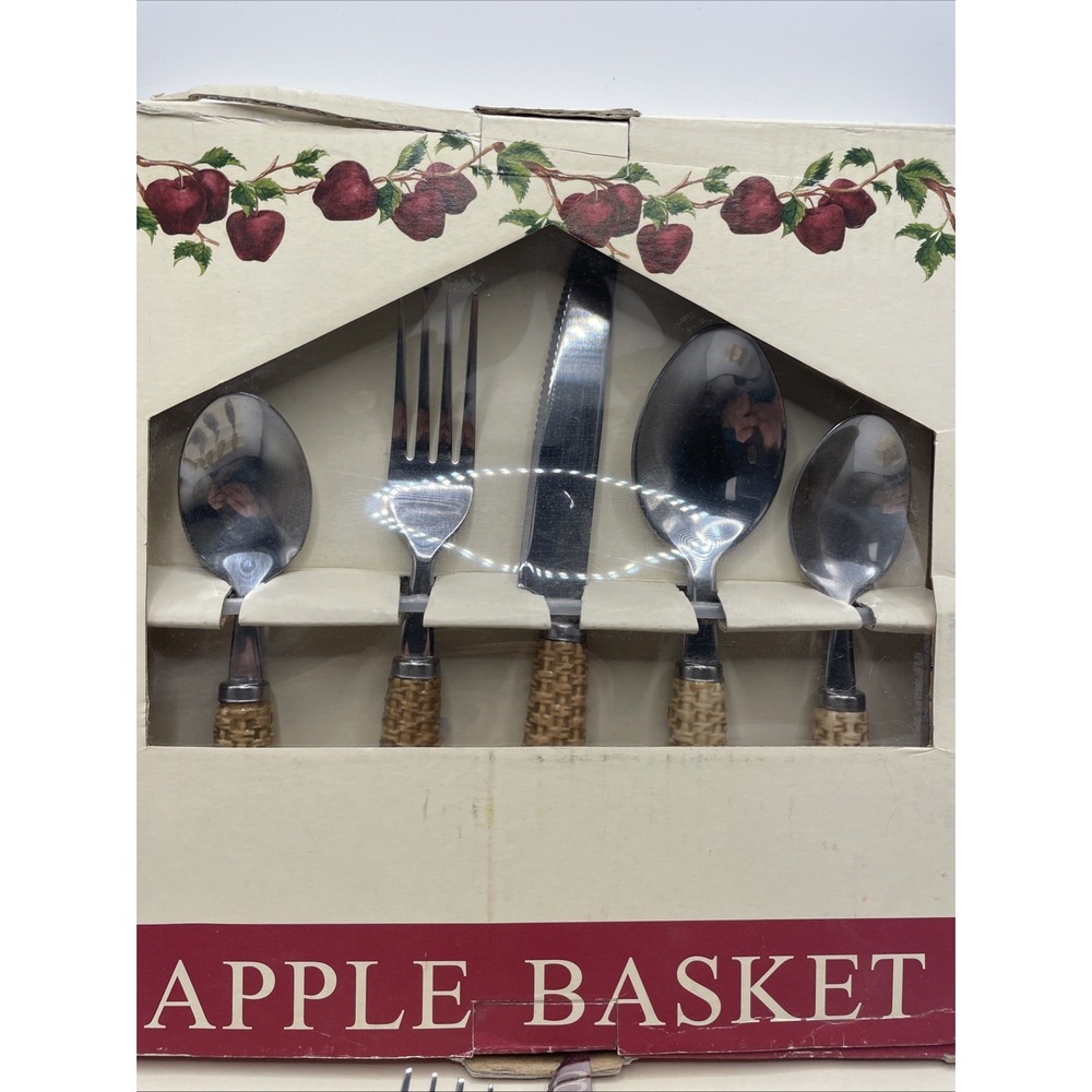 Apple Basket Vintage Stainless Steel Ceramic Basket Weave Handles Flatware Sets